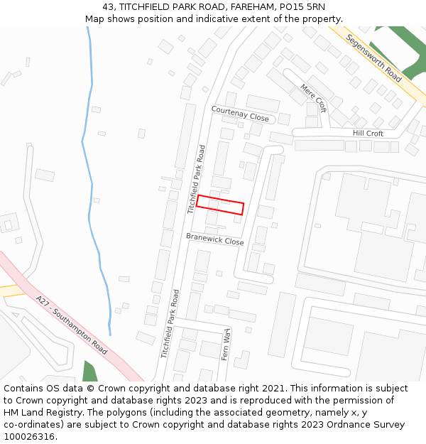 43, TITCHFIELD PARK ROAD, FAREHAM, PO15 5RN: Location map and indicative extent of plot