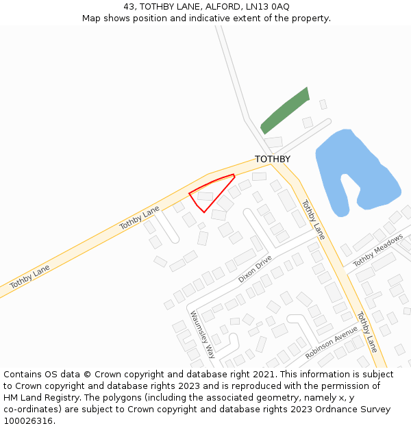 43, TOTHBY LANE, ALFORD, LN13 0AQ: Location map and indicative extent of plot