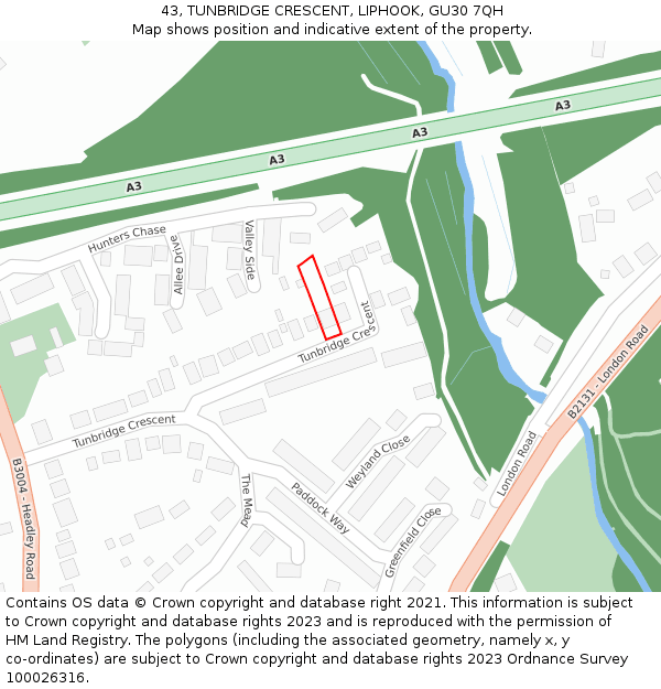 43, TUNBRIDGE CRESCENT, LIPHOOK, GU30 7QH: Location map and indicative extent of plot