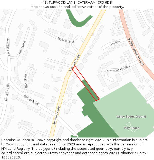 43, TUPWOOD LANE, CATERHAM, CR3 6DB: Location map and indicative extent of plot