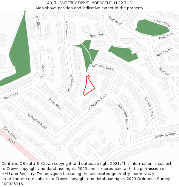 43, TURNBERRY DRIVE, ABERGELE, LL22 7UD: Location map and indicative extent of plot