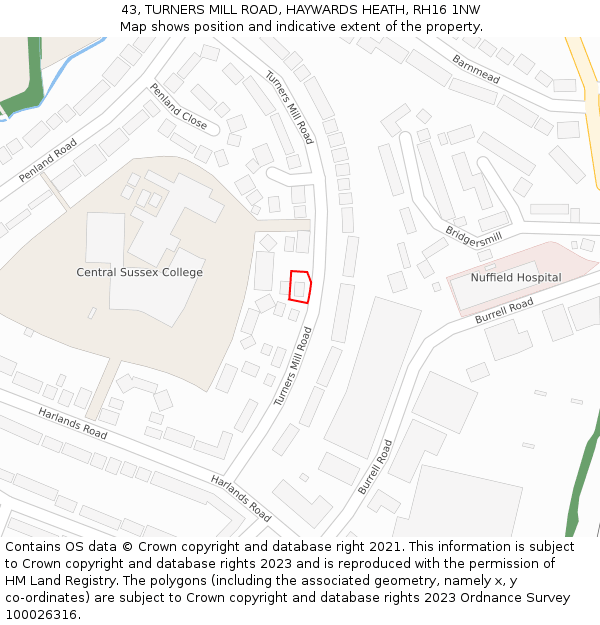 43, TURNERS MILL ROAD, HAYWARDS HEATH, RH16 1NW: Location map and indicative extent of plot