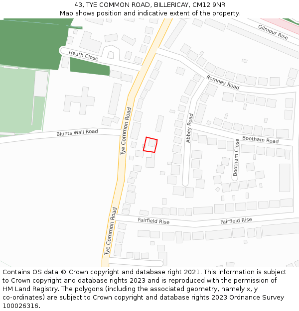 43, TYE COMMON ROAD, BILLERICAY, CM12 9NR: Location map and indicative extent of plot
