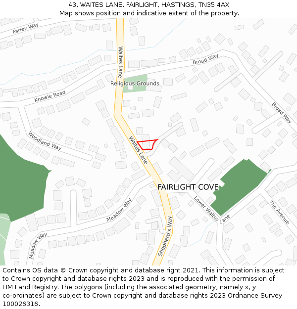 43, WAITES LANE, FAIRLIGHT, HASTINGS, TN35 4AX: Location map and indicative extent of plot