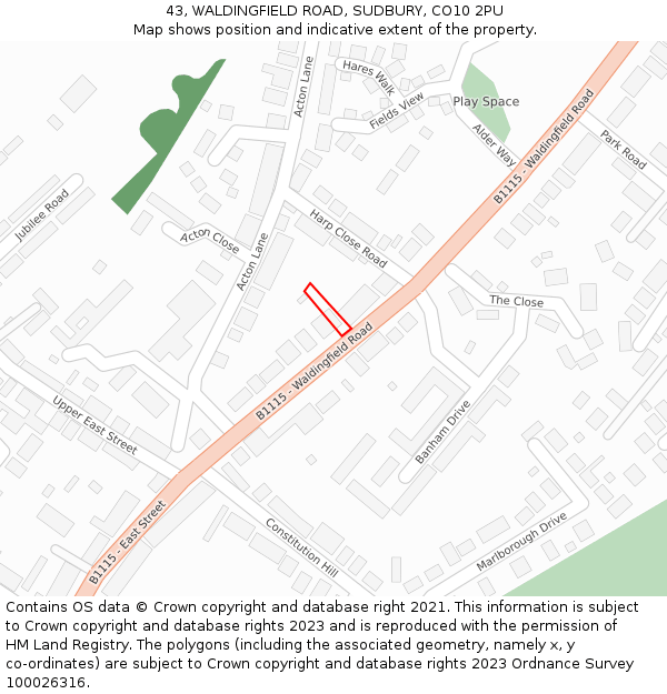 43, WALDINGFIELD ROAD, SUDBURY, CO10 2PU: Location map and indicative extent of plot