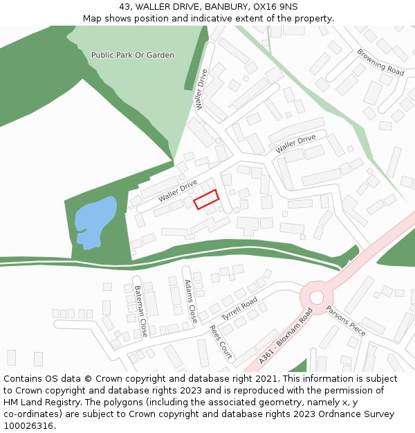 43, WALLER DRIVE, BANBURY, OX16 9NS: Location map and indicative extent of plot