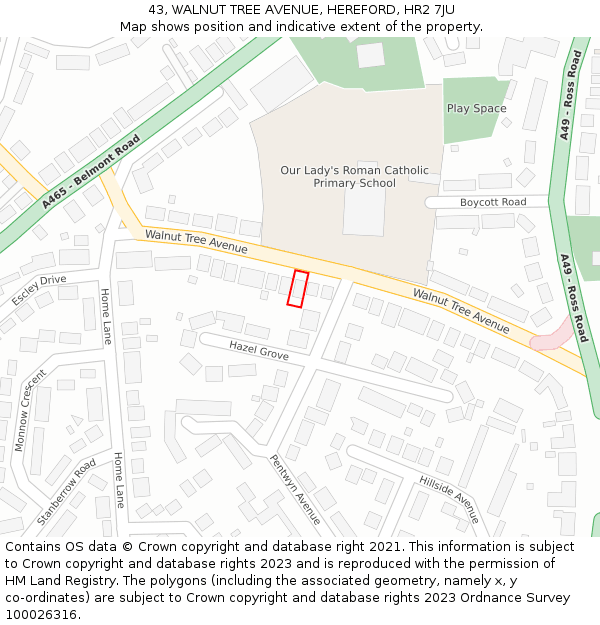 43, WALNUT TREE AVENUE, HEREFORD, HR2 7JU: Location map and indicative extent of plot