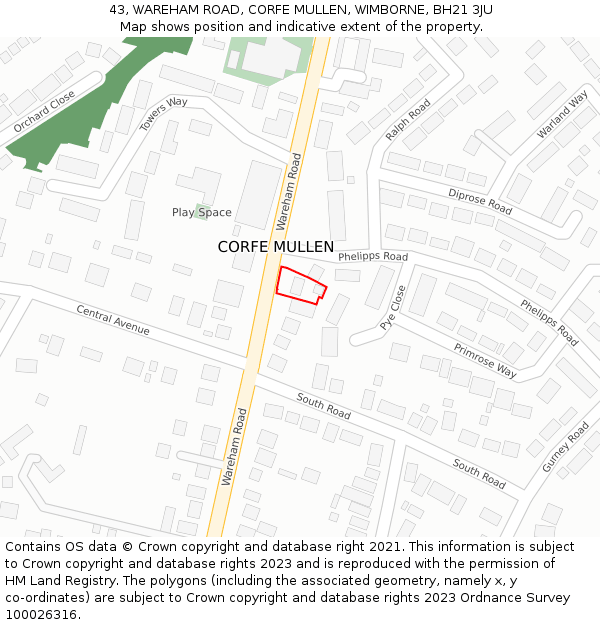 43, WAREHAM ROAD, CORFE MULLEN, WIMBORNE, BH21 3JU: Location map and indicative extent of plot