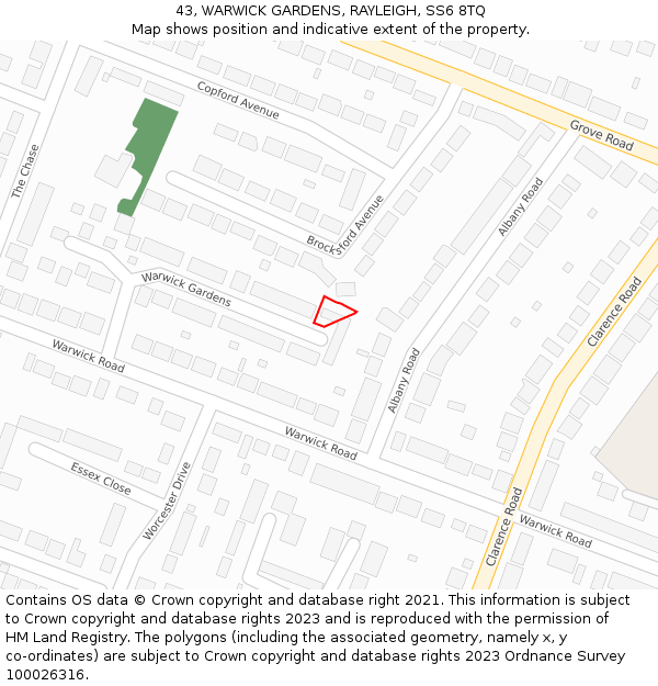 43, WARWICK GARDENS, RAYLEIGH, SS6 8TQ: Location map and indicative extent of plot