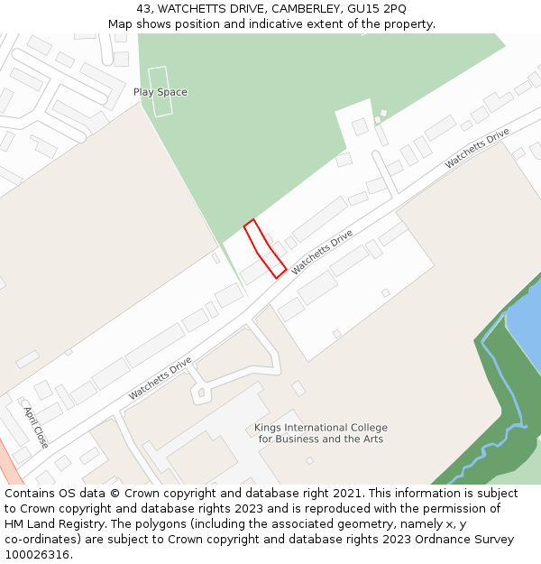 43, WATCHETTS DRIVE, CAMBERLEY, GU15 2PQ: Location map and indicative extent of plot