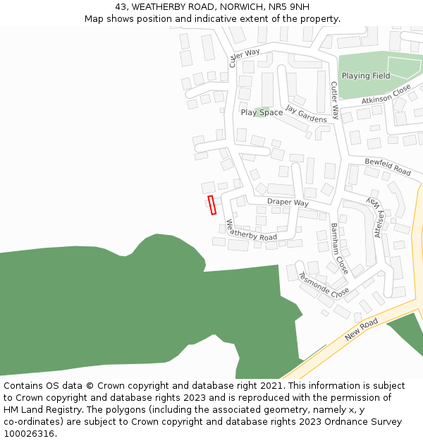 43, WEATHERBY ROAD, NORWICH, NR5 9NH: Location map and indicative extent of plot