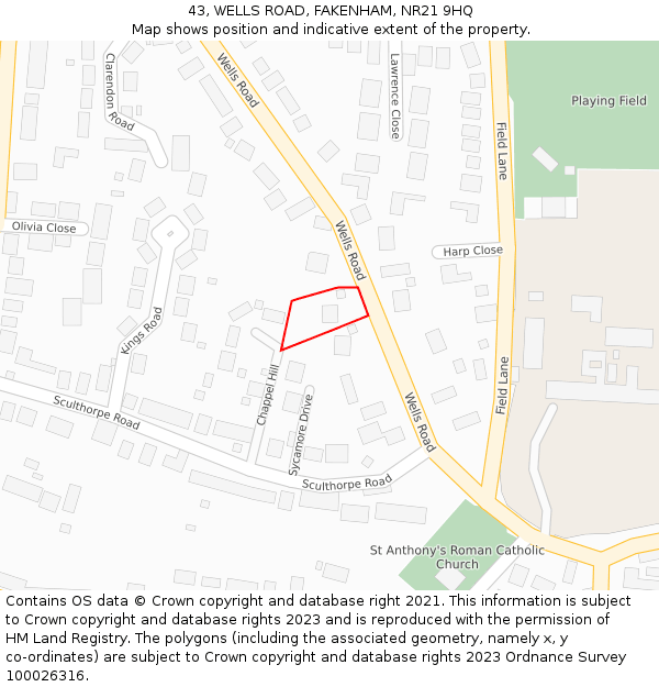 43, WELLS ROAD, FAKENHAM, NR21 9HQ: Location map and indicative extent of plot
