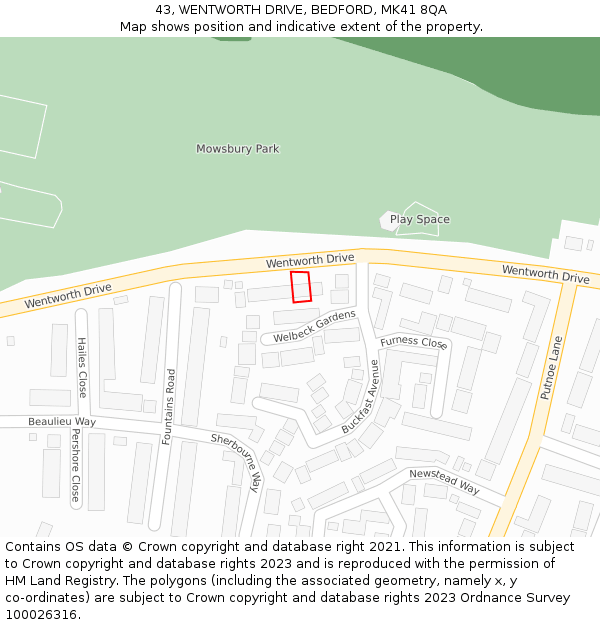 43, WENTWORTH DRIVE, BEDFORD, MK41 8QA: Location map and indicative extent of plot
