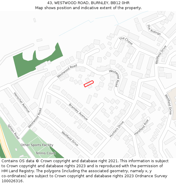 43, WESTWOOD ROAD, BURNLEY, BB12 0HR: Location map and indicative extent of plot