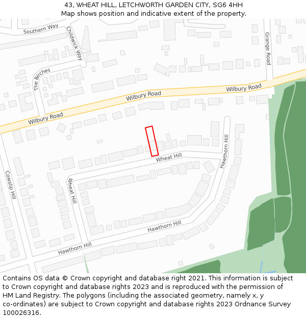 43, WHEAT HILL, LETCHWORTH GARDEN CITY, SG6 4HH: Location map and indicative extent of plot