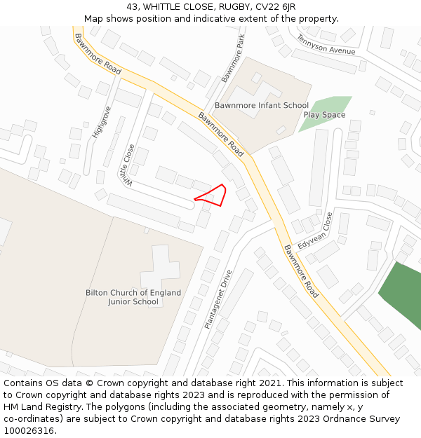 43, WHITTLE CLOSE, RUGBY, CV22 6JR: Location map and indicative extent of plot