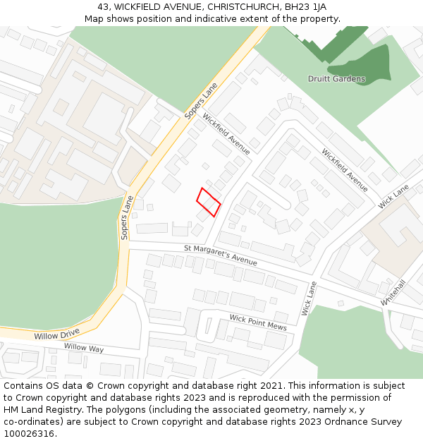 43, WICKFIELD AVENUE, CHRISTCHURCH, BH23 1JA: Location map and indicative extent of plot