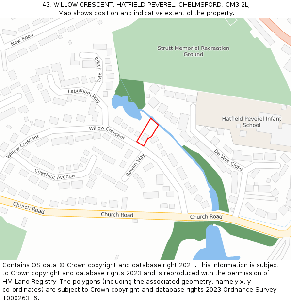 43, WILLOW CRESCENT, HATFIELD PEVEREL, CHELMSFORD, CM3 2LJ: Location map and indicative extent of plot