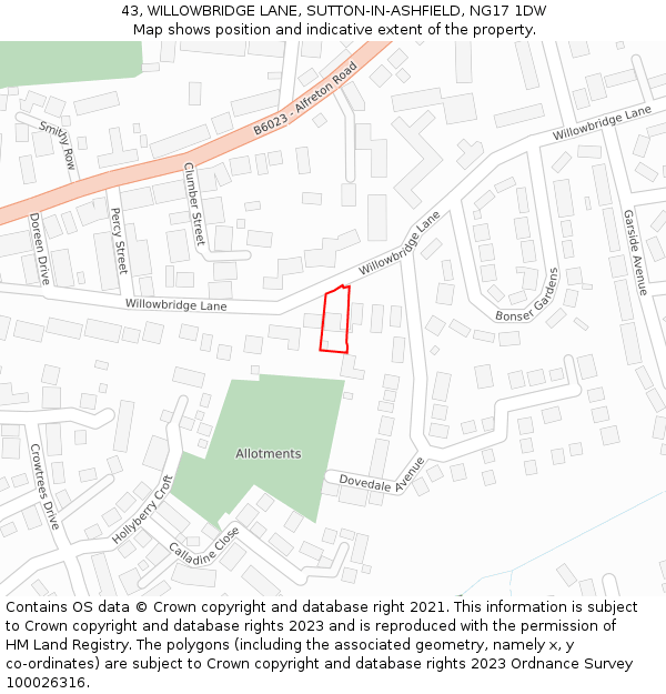 43, WILLOWBRIDGE LANE, SUTTON-IN-ASHFIELD, NG17 1DW: Location map and indicative extent of plot
