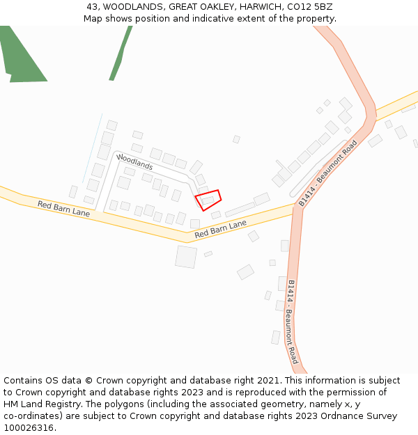 43, WOODLANDS, GREAT OAKLEY, HARWICH, CO12 5BZ: Location map and indicative extent of plot