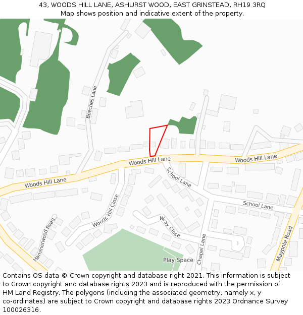 43, WOODS HILL LANE, ASHURST WOOD, EAST GRINSTEAD, RH19 3RQ: Location map and indicative extent of plot