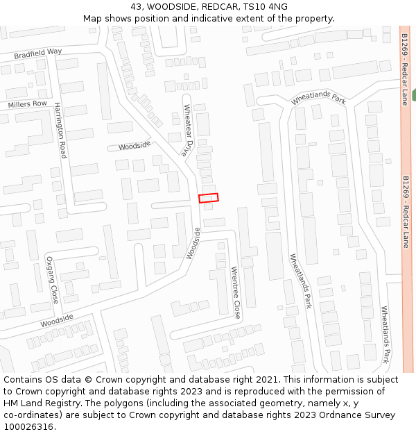 43, WOODSIDE, REDCAR, TS10 4NG: Location map and indicative extent of plot