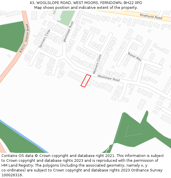 43, WOOLSLOPE ROAD, WEST MOORS, FERNDOWN, BH22 0PD: Location map and indicative extent of plot