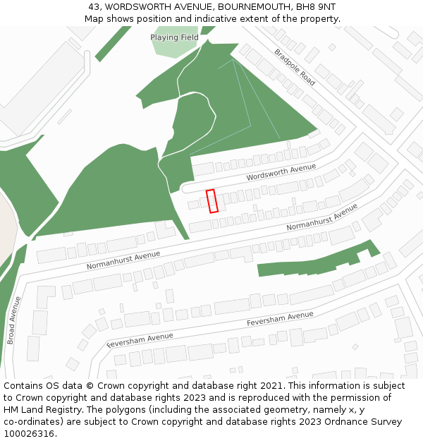 43, WORDSWORTH AVENUE, BOURNEMOUTH, BH8 9NT: Location map and indicative extent of plot