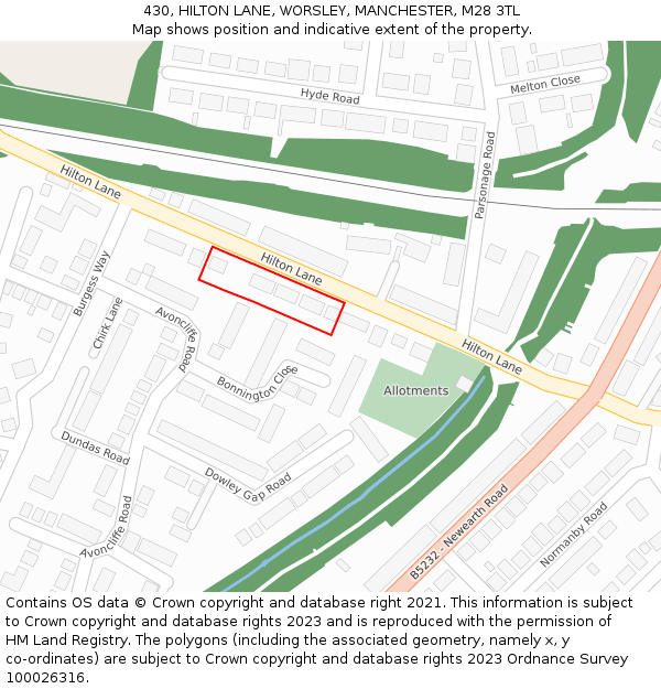 430, HILTON LANE, WORSLEY, MANCHESTER, M28 3TL: Location map and indicative extent of plot