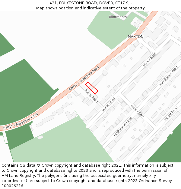 431, FOLKESTONE ROAD, DOVER, CT17 9JU: Location map and indicative extent of plot