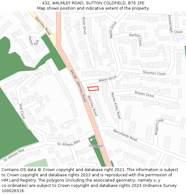 432, WALMLEY ROAD, SUTTON COLDFIELD, B76 1PE: Location map and indicative extent of plot