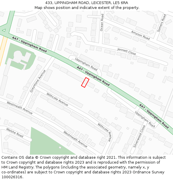 433, UPPINGHAM ROAD, LEICESTER, LE5 6RA: Location map and indicative extent of plot