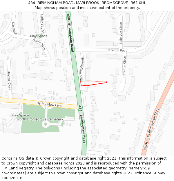 434, BIRMINGHAM ROAD, MARLBROOK, BROMSGROVE, B61 0HL: Location map and indicative extent of plot