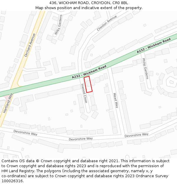 436, WICKHAM ROAD, CROYDON, CR0 8BL: Location map and indicative extent of plot