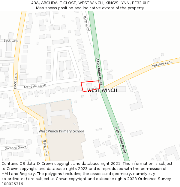 43A, ARCHDALE CLOSE, WEST WINCH, KING'S LYNN, PE33 0LE: Location map and indicative extent of plot