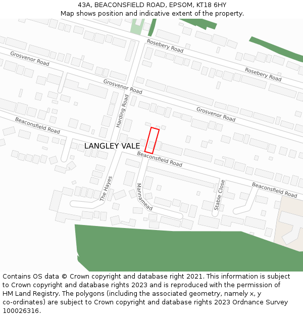 43A, BEACONSFIELD ROAD, EPSOM, KT18 6HY: Location map and indicative extent of plot