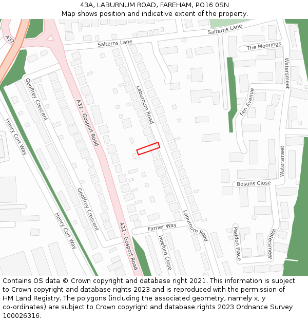 43A, LABURNUM ROAD, FAREHAM, PO16 0SN: Location map and indicative extent of plot