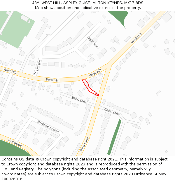 43A, WEST HILL, ASPLEY GUISE, MILTON KEYNES, MK17 8DS: Location map and indicative extent of plot