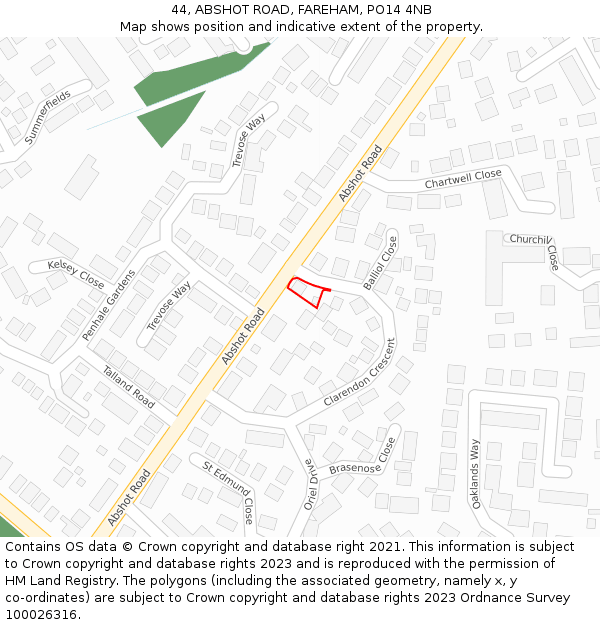 44, ABSHOT ROAD, FAREHAM, PO14 4NB: Location map and indicative extent of plot