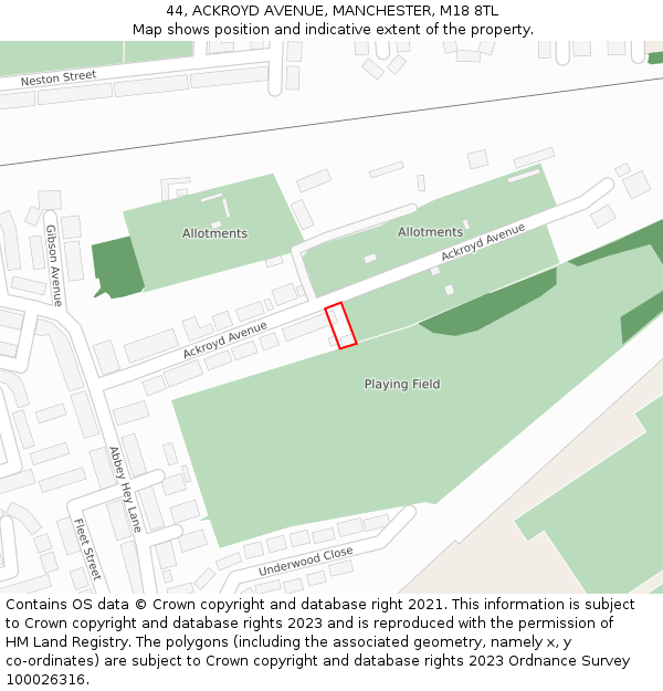 44, ACKROYD AVENUE, MANCHESTER, M18 8TL: Location map and indicative extent of plot