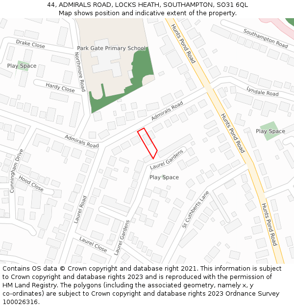 44, ADMIRALS ROAD, LOCKS HEATH, SOUTHAMPTON, SO31 6QL: Location map and indicative extent of plot