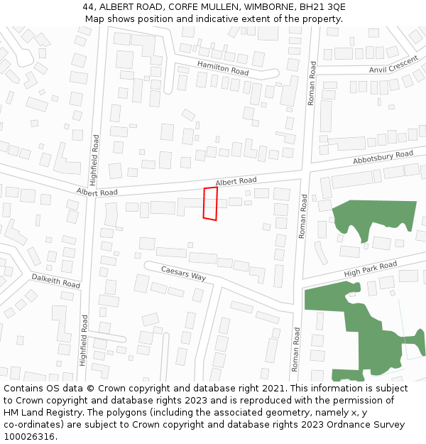 44, ALBERT ROAD, CORFE MULLEN, WIMBORNE, BH21 3QE: Location map and indicative extent of plot