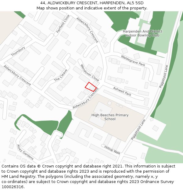 44, ALDWICKBURY CRESCENT, HARPENDEN, AL5 5SD: Location map and indicative extent of plot