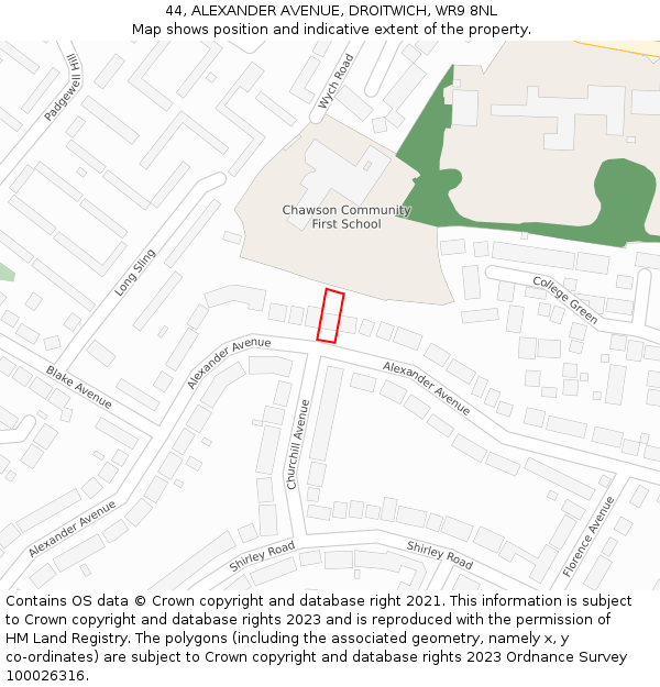 44, ALEXANDER AVENUE, DROITWICH, WR9 8NL: Location map and indicative extent of plot