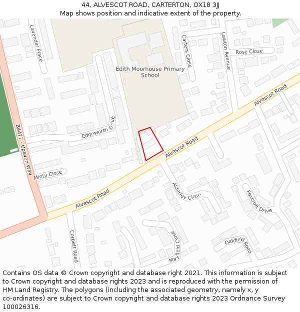 44, ALVESCOT ROAD, CARTERTON, OX18 3JJ: Location map and indicative extent of plot