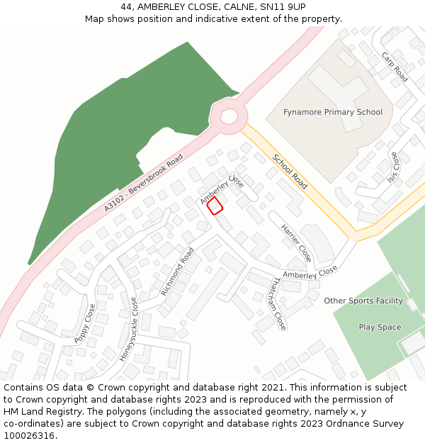 44, AMBERLEY CLOSE, CALNE, SN11 9UP: Location map and indicative extent of plot