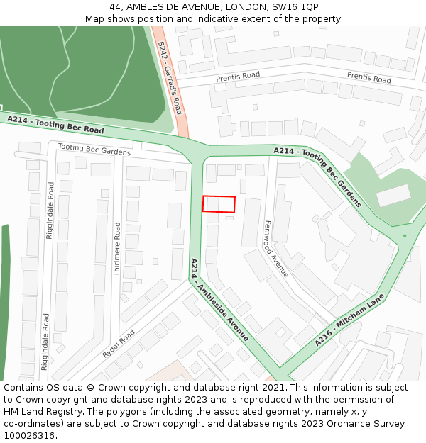 44, AMBLESIDE AVENUE, LONDON, SW16 1QP: Location map and indicative extent of plot