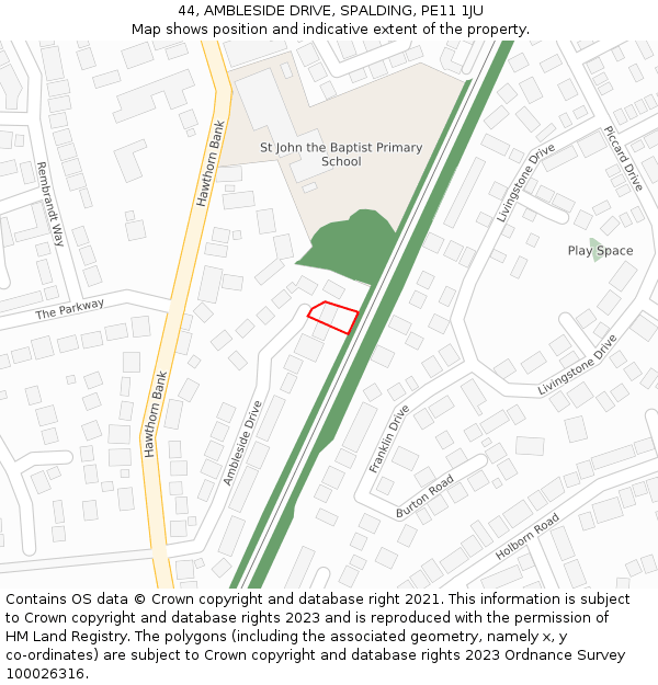 44, AMBLESIDE DRIVE, SPALDING, PE11 1JU: Location map and indicative extent of plot