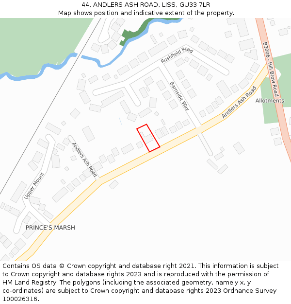 44, ANDLERS ASH ROAD, LISS, GU33 7LR: Location map and indicative extent of plot