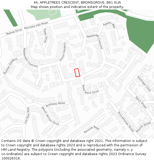 44, APPLETREES CRESCENT, BROMSGROVE, B61 0UA: Location map and indicative extent of plot